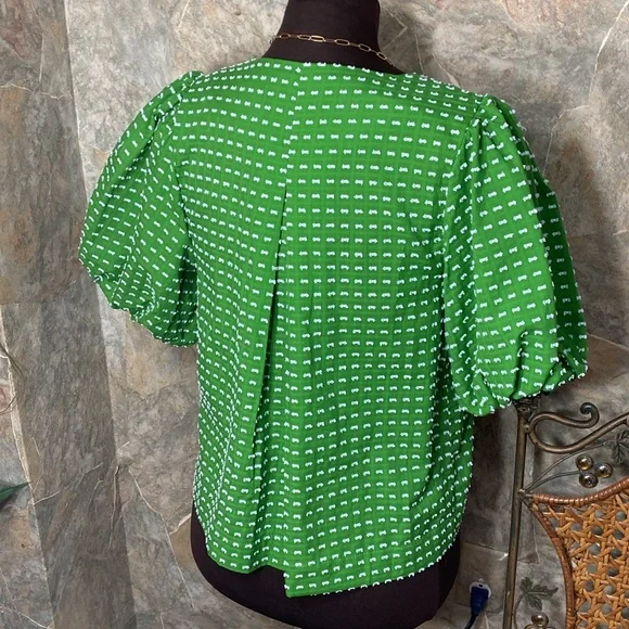 Kate Spade textured puff sleeve shirt top blouse tunic puff sleeves bow pleated - Picture 9 of 11